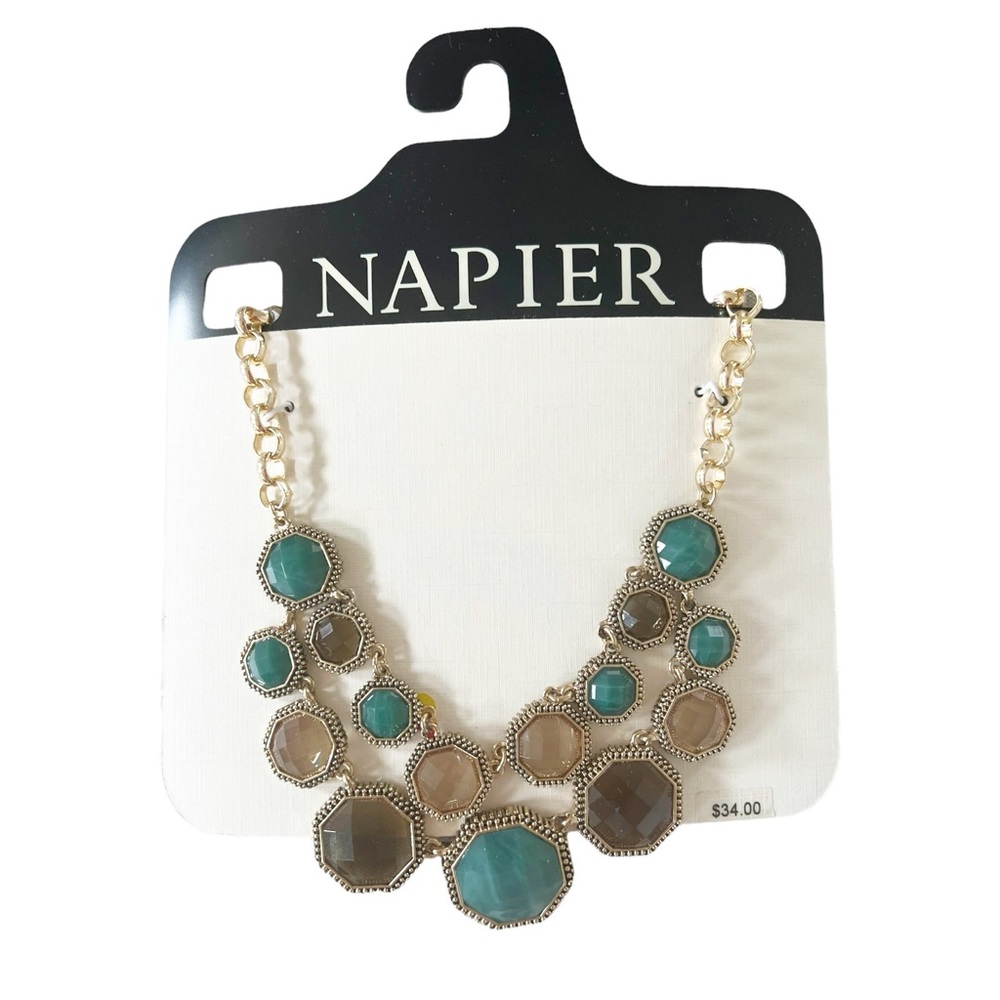 Signed NAPIER Double Strand Necklace on Card Green Browns Faceted Cabs Gold Tone